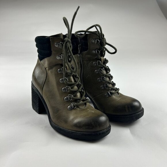 Kork Ease Distressed Olive Leather Lace Up Chunky Heel Ankle Boot 6M - Picture 1 of 8